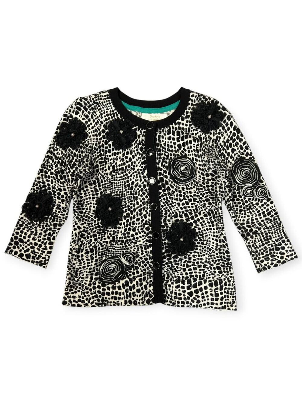 Daphne Australia 3D Floral Applique Cardigan SIZE S Black White Lace Long Sleeve